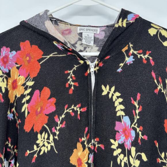 Eric Spencer Sweater Womens XL Black Floral Print Hooded Zip Up Pullover Cottage - Picture 3 of 10